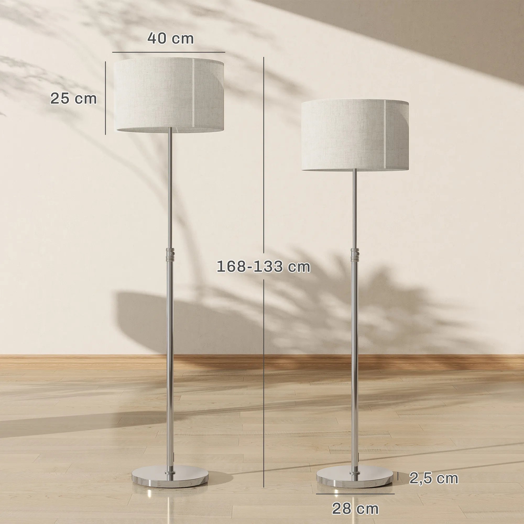 Toršero matmenų schema: gaubtas 40x25 cm, aukštis 133-168 cm
