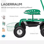 Infografika: žalia sodo kėdutė su galinį krepšeliu ir apatiniu skyriumi įrankiams