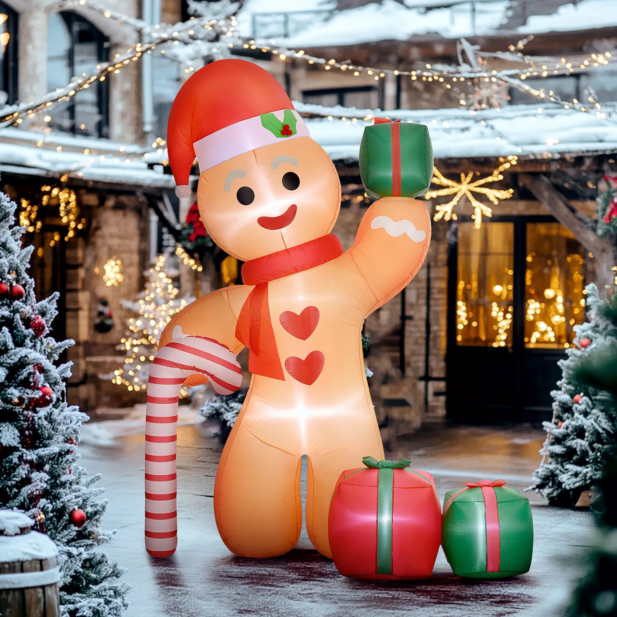 Outsunny Pripučiamas meduolių žmogeliukas su pagaliuku, 2,45 m aukščio, su baltu LED apšvietimu, 170 x 100 x 245 cm