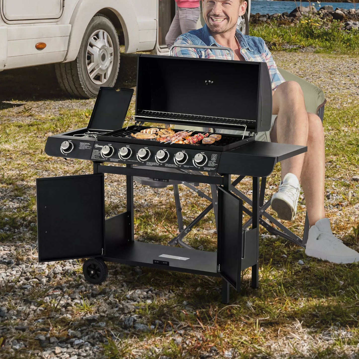Dujinis BBQ grilius su 7 degikliais, įsk. termometrą, mobilus, juodas