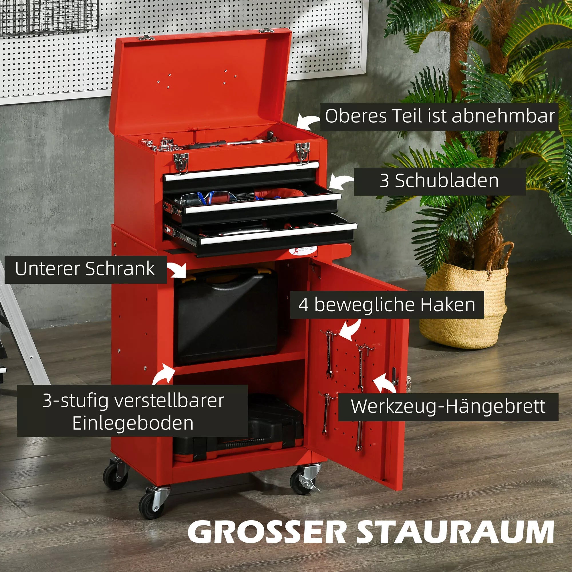DURHAND 2-in-1 mobilus įrankių vežimėlis, 3 stalčiai, įrankių lentelė, plieninis korpusas, 46I x 28P x 94A cm, Raudonas
