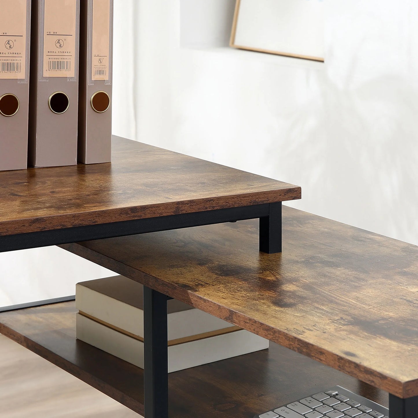 Kampinis rašomasis stalas, kompiuterio stalas, biuro stalas su lentyna ir stalčiumi, L formos, MDP, metalas, rudos spalvos, 135 x 90 x 79 cm