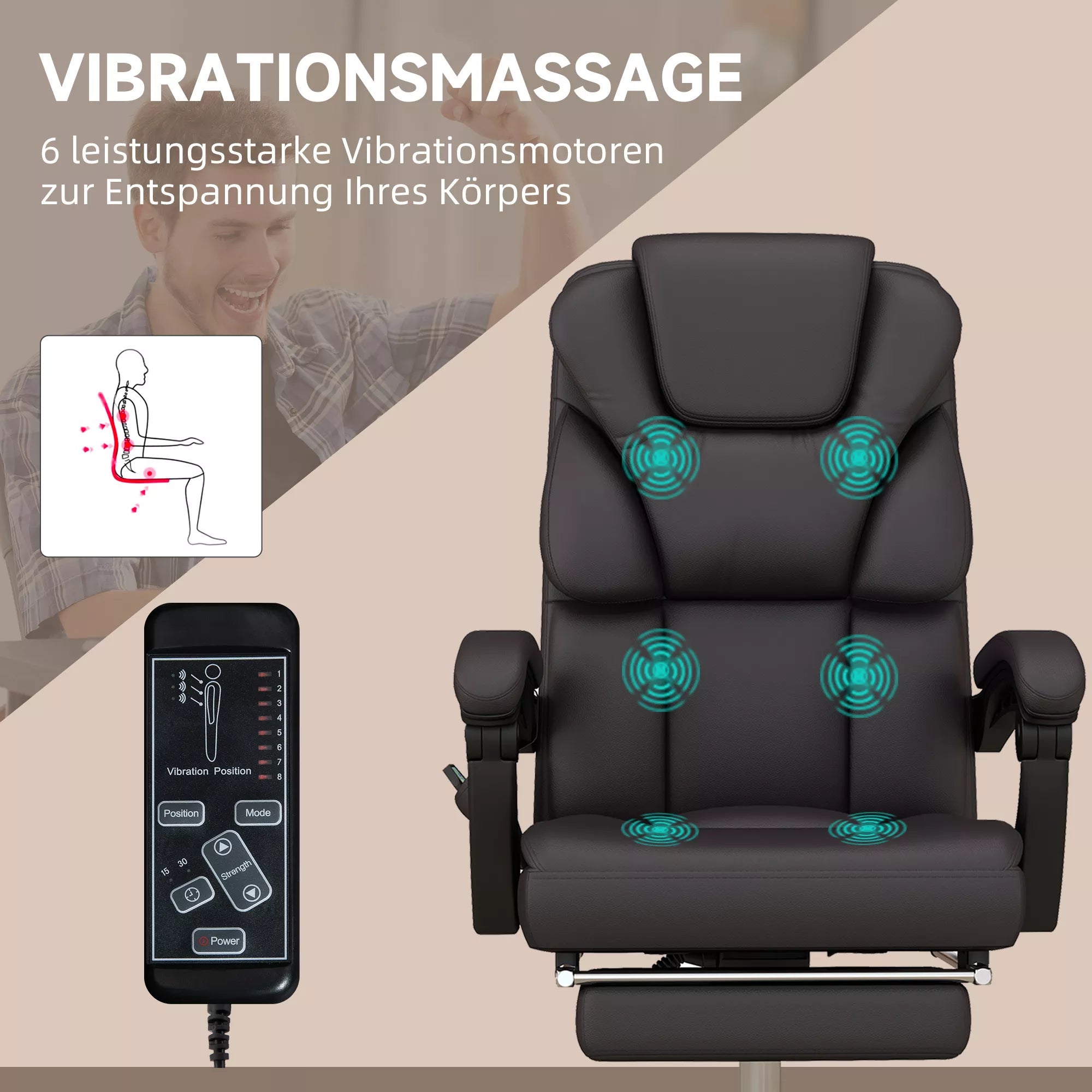 Biuro kėdė su masažo funkcija, ergonomiška, atlošiama, 63x57x118, ruda