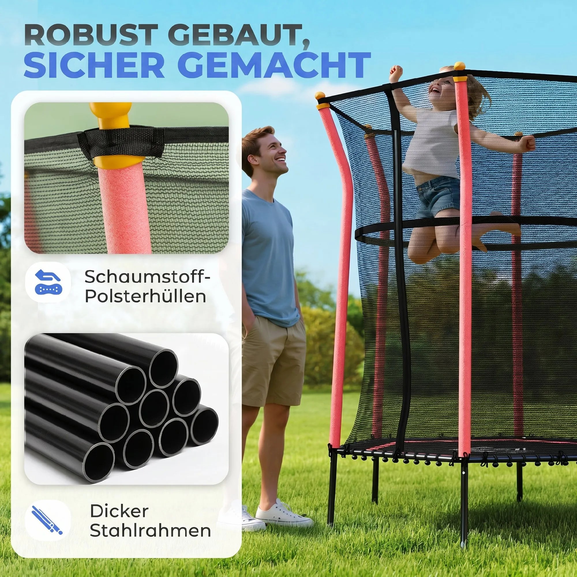 Trampolinas vaikams, Ø163,5 cm, su apsauginiu tinklu, paminkštintas, plieninis, atlaiko iki 50 kg svorį, juodas ir raudonas
