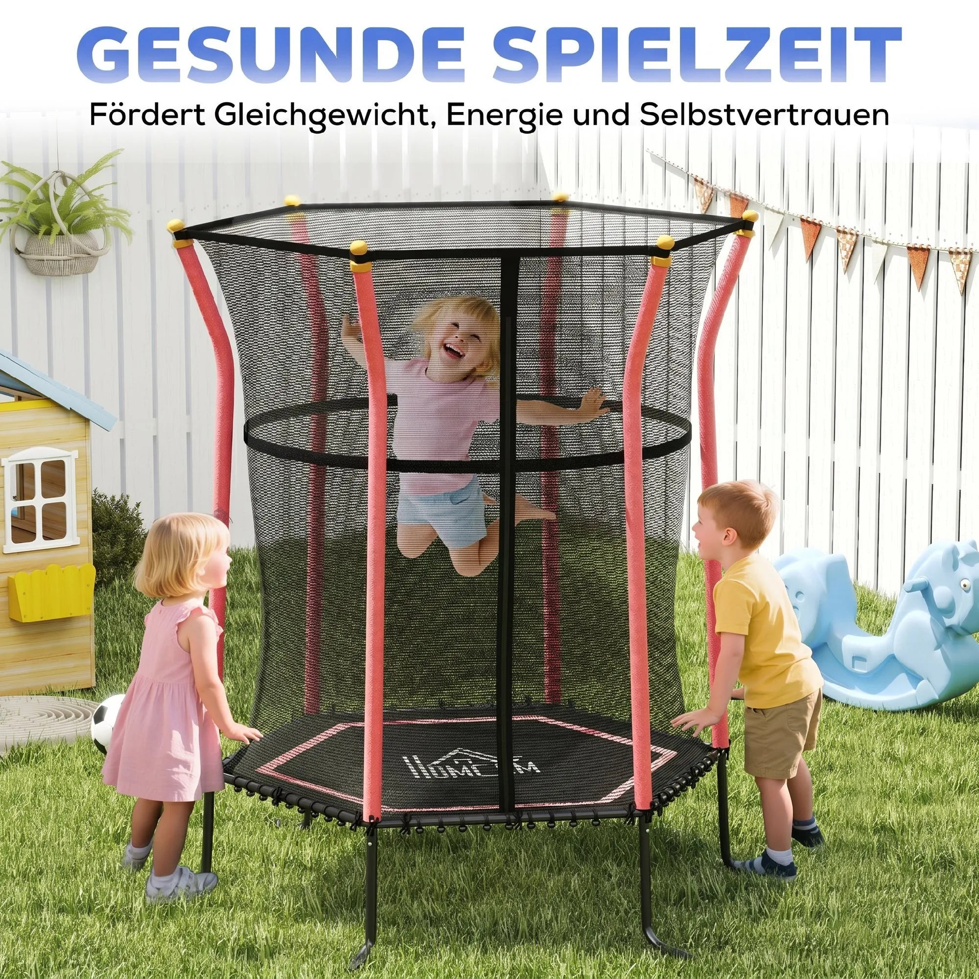 Trampolinas vaikams, Ø163,5 cm, su apsauginiu tinklu, paminkštintas, plieninis, atlaiko iki 50 kg svorį, juodas ir raudonas