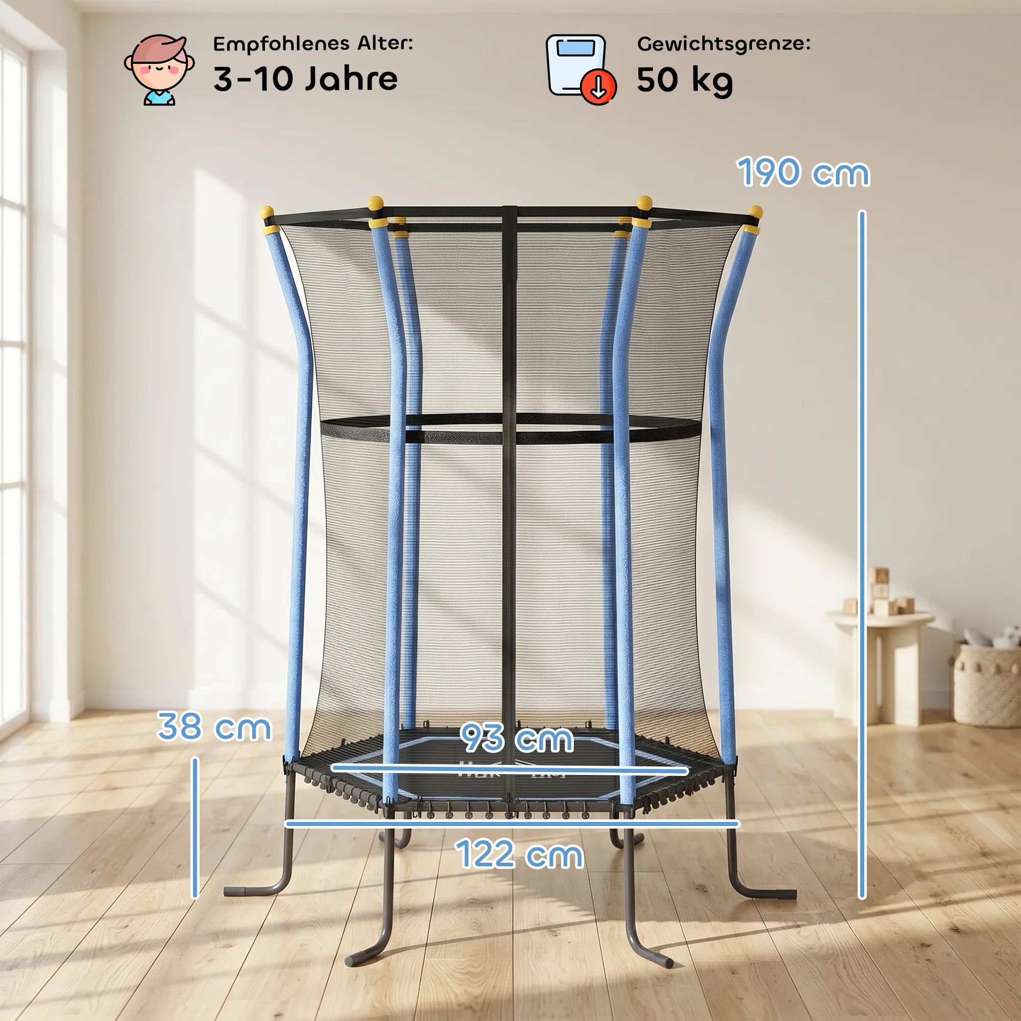 Trampolinas vaikams, Ø163,5 cm, su apsauginiu tinklu, paminkštintas, plieninis, atlaiko iki 50 kg svorį, juodos ir mėlynos spalvos