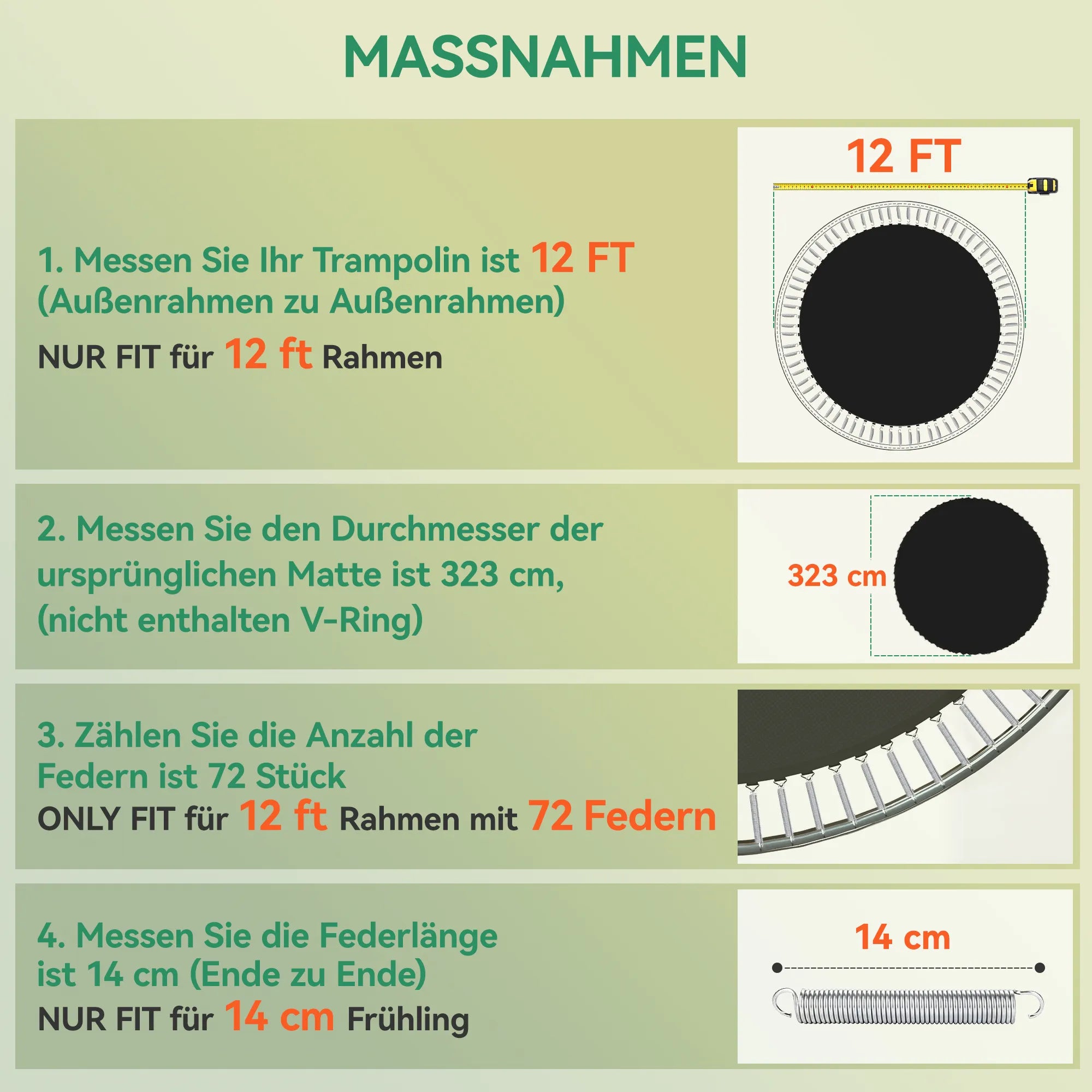 Trampolino šokinėjimo kilimėlis 3,66 m, 72 V-žiedai, oranžinis