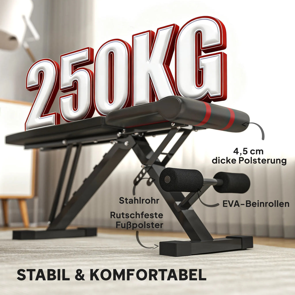 Treniruočių suoliukas, sulankstomas, reguliuojamas, iki 250 kg, juodas