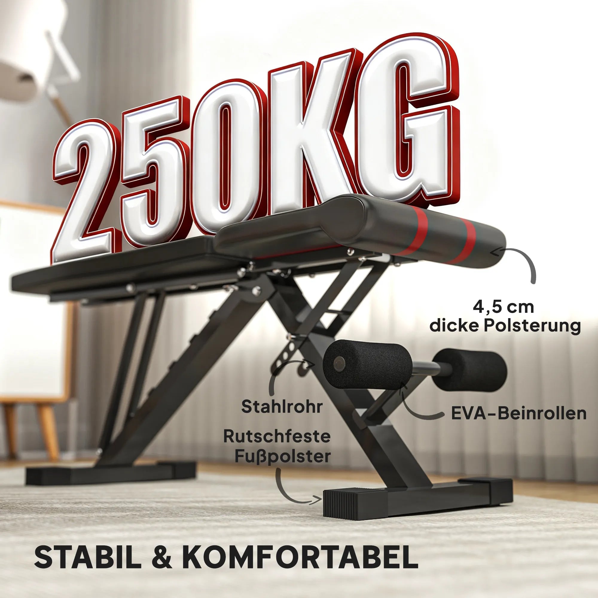 Treniruočių suoliukas, sulankstomas, reguliuojamas, iki 250 kg, juodas