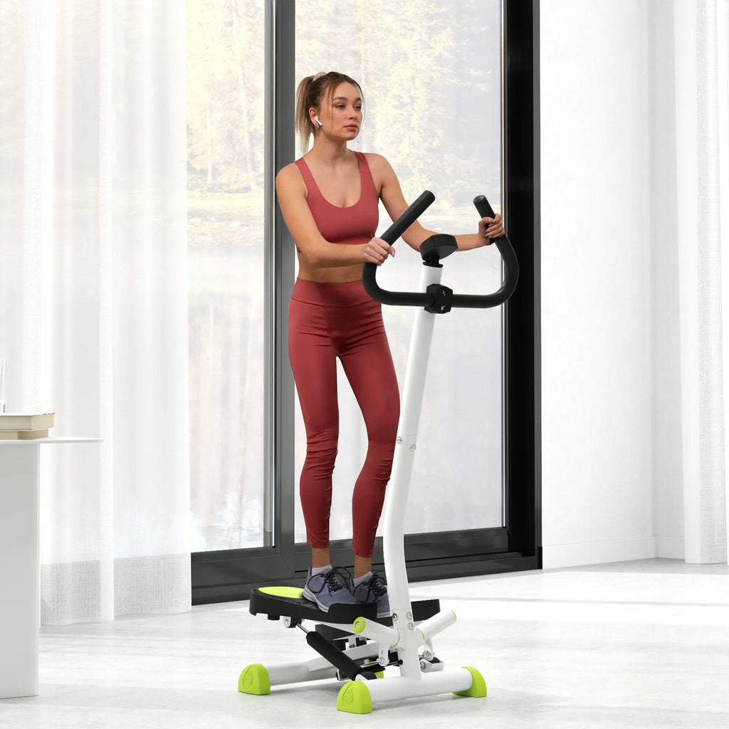 Treniruoklis stepperis su rankena, LCD ekranu ir neslystančiais pedalais, žalia-juoda