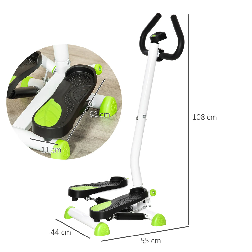 Treniruoklis stepperis su rankena, LCD ekranu ir neslystančiais pedalais, žalia-juoda