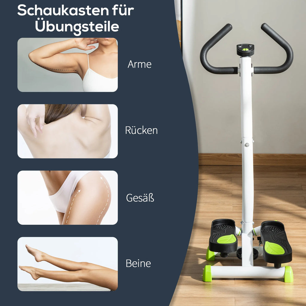 Treniruoklis stepperis su rankena, LCD ekranu ir neslystančiais pedalais, žalia-juoda