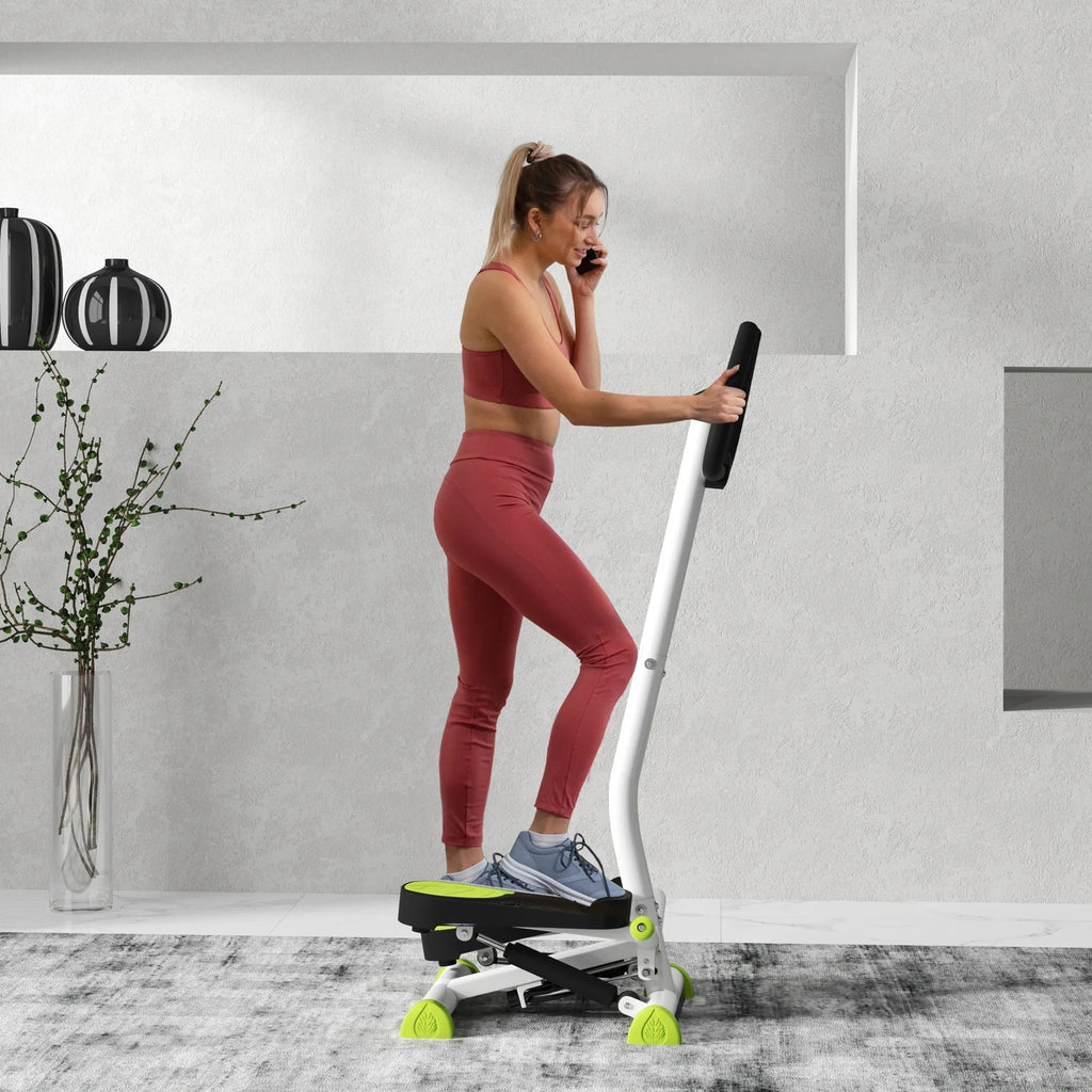 Treniruoklis stepperis su rankena, LCD ekranu ir neslystančiais pedalais, žalia-juoda