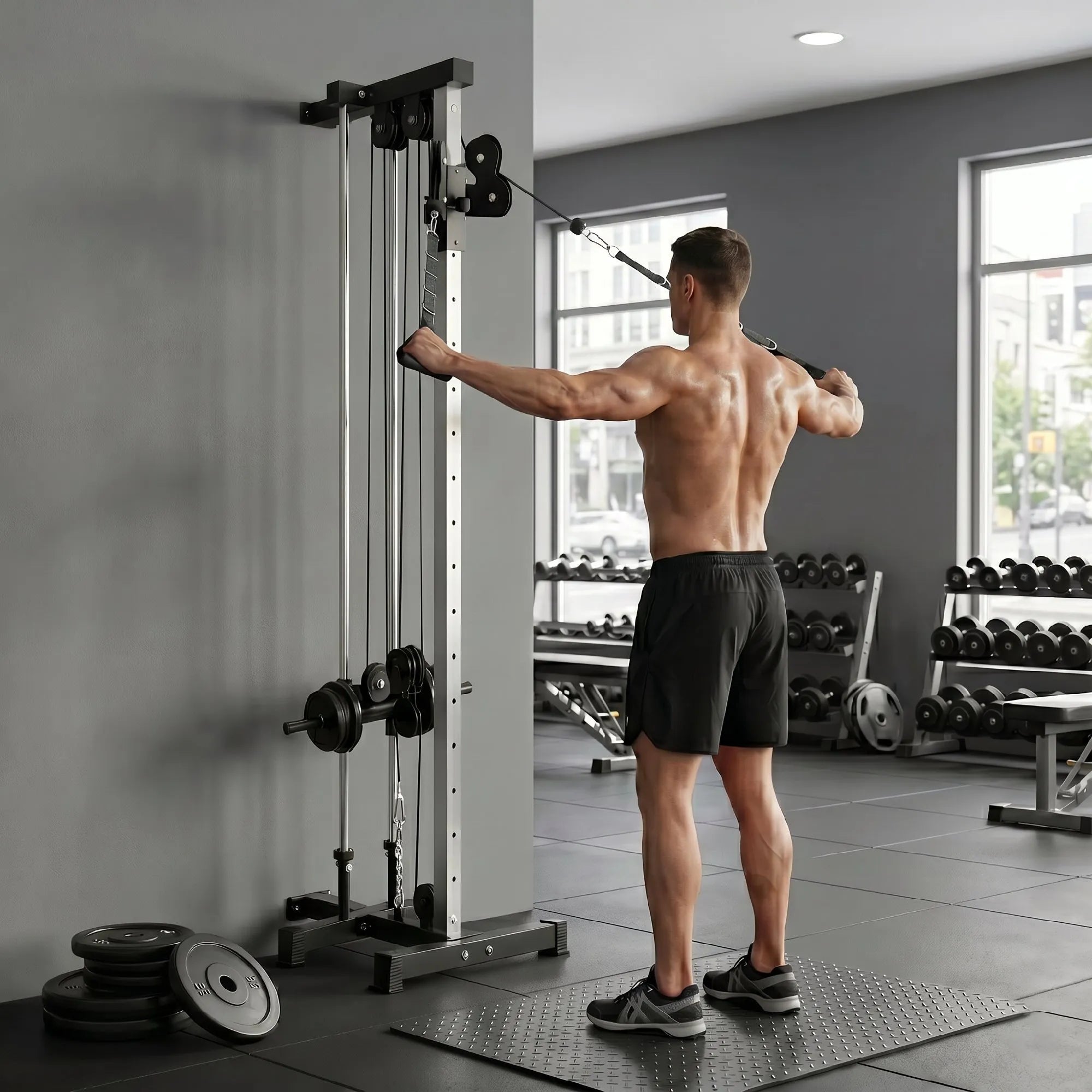 Treniruoklis su skriemulių sistema reguliuojamo aukščio, iki 120 kg, juodas