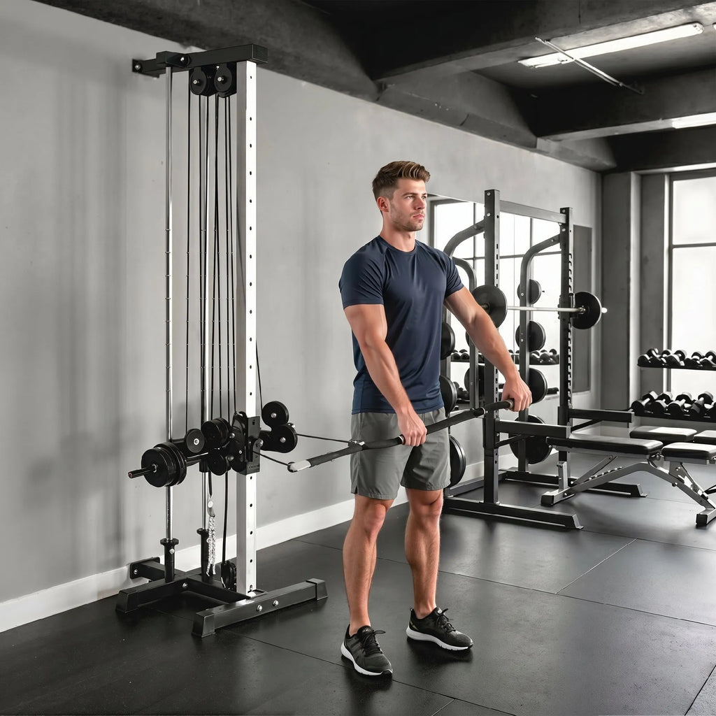 Treniruoklis su skriemulių sistema reguliuojamo aukščio, iki 120 kg, juodas