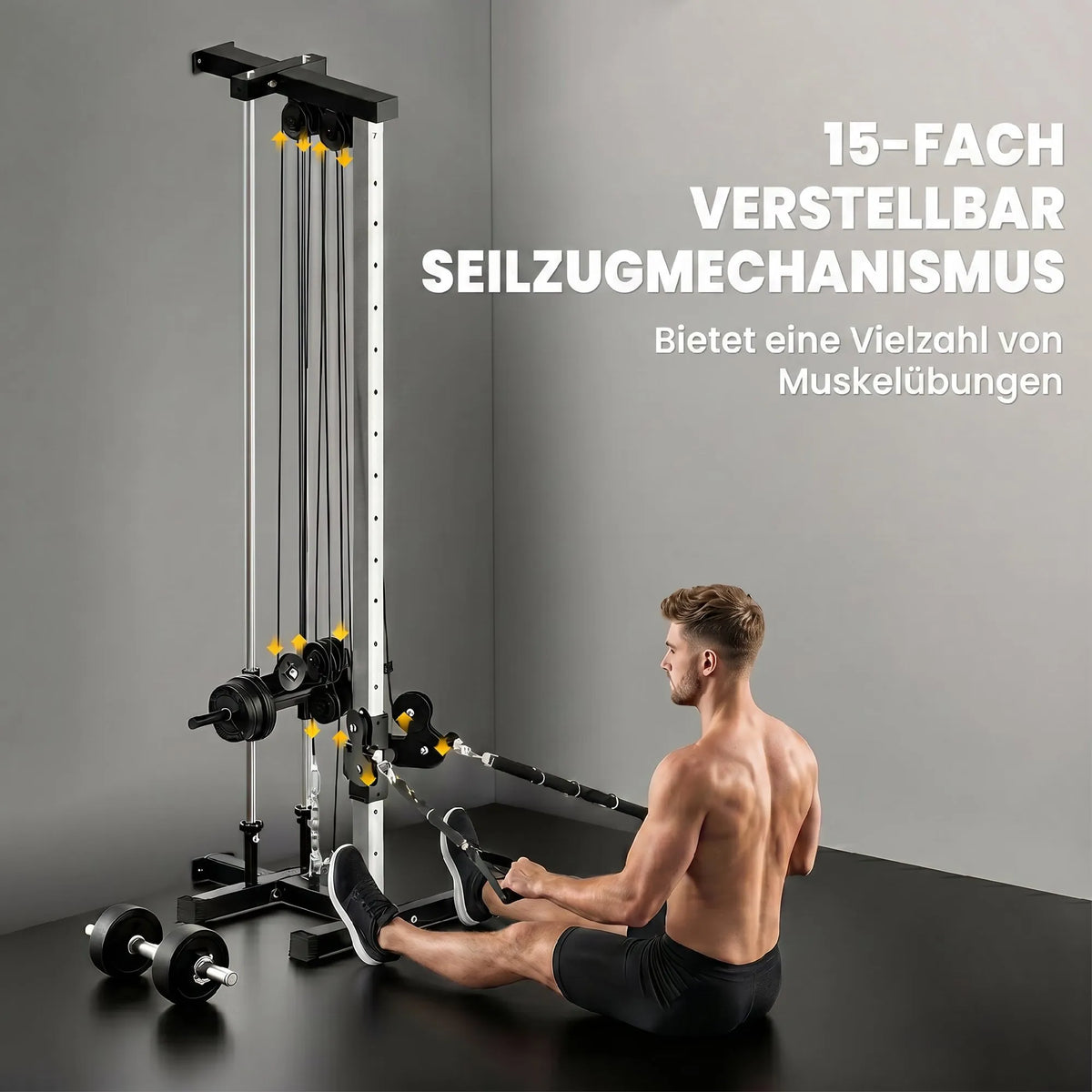 Vyras sėdėdamas traukia trosą, rodomas reguliuojamas skriemulio mechanizmas