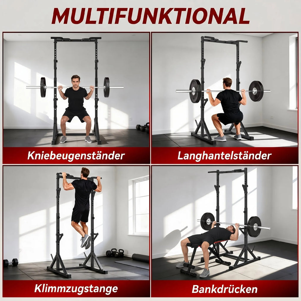 Treniruoklių stovas Squat Rack su 2 lygių štangų laikikliais ir prisitraukimų skersiniu, iki 200 kg, juodas