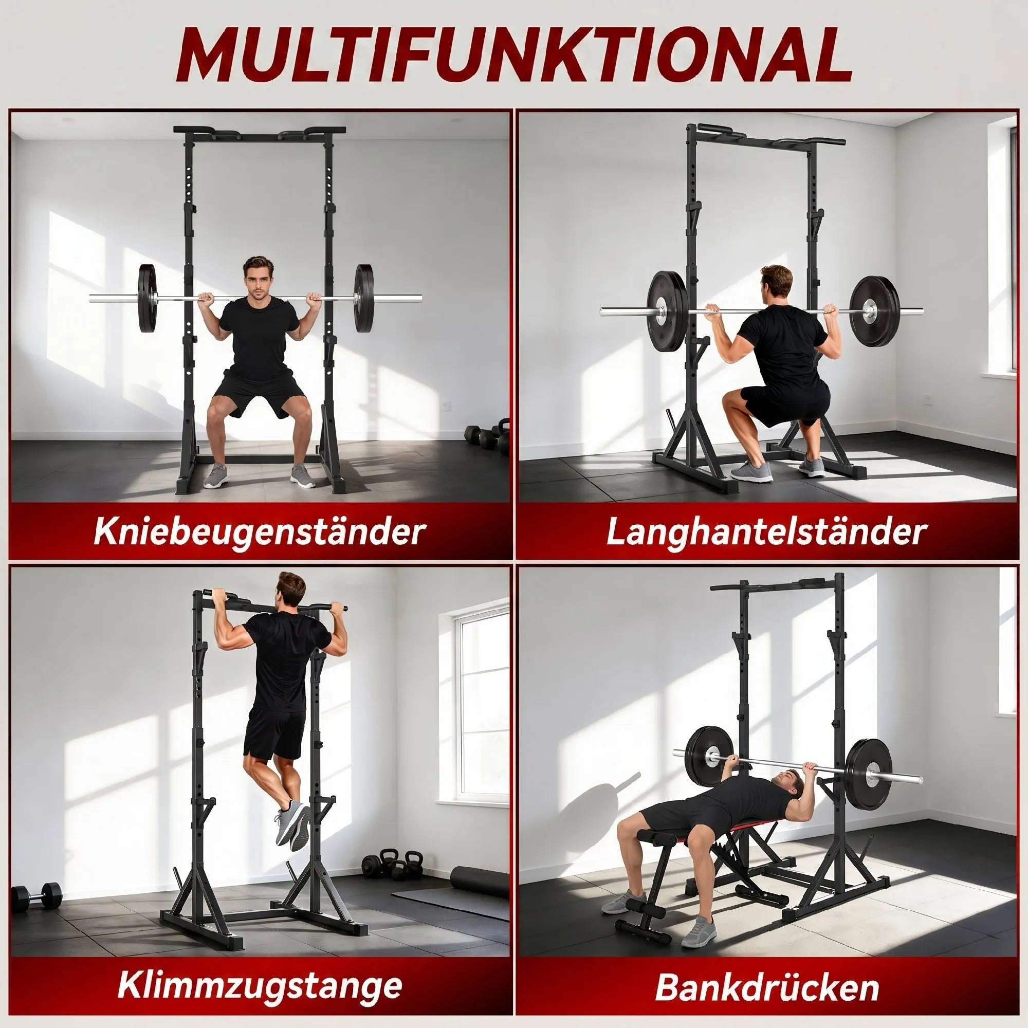 Treniruoklių stovas Squat Rack su 2 lygių štangų laikikliais ir prisitraukimų skersiniu, iki 200 kg, juodas