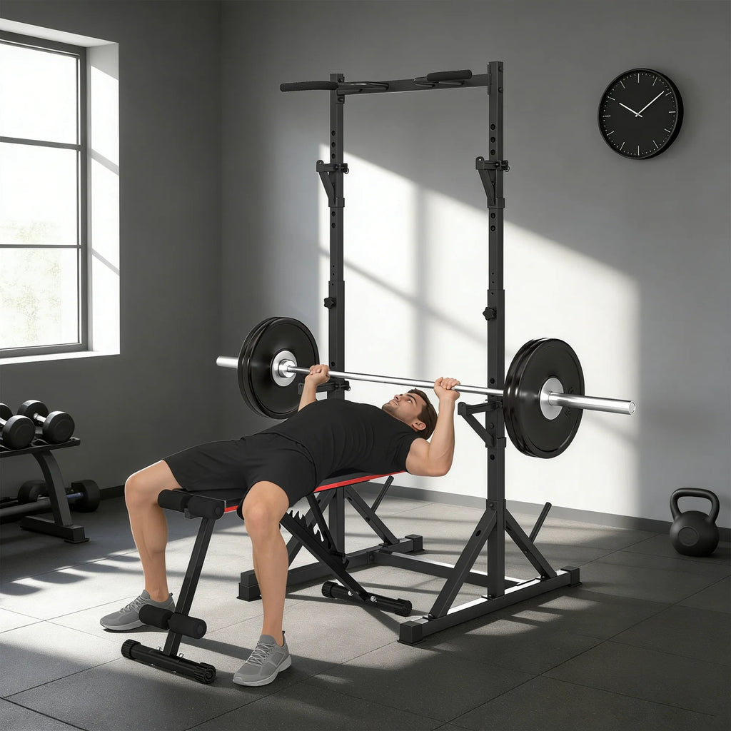 Treniruoklių stovas Squat Rack su 2 lygių štangų laikikliais ir prisitraukimų skersiniu, iki 200 kg, juodas