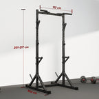 Treniruoklių stovo matmenų schema: 112 cm plotis, 201–217 cm aukštis