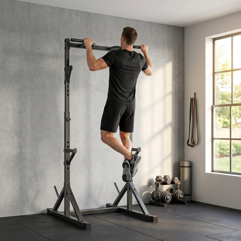 Treniruoklių stovas Squat Rack su 2 lygių štangų laikikliais ir prisitraukimų skersiniu, iki 200 kg, juodas