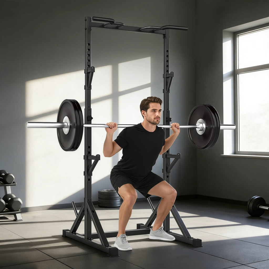Treniruoklių stovas Squat Rack su 2 lygių štangų laikikliais ir prisitraukimų skersiniu, iki 200 kg, juodas