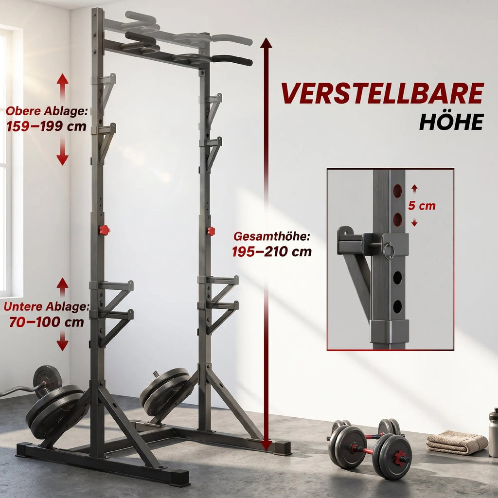Treniruoklių stovas Squat Rack su 2 lygių štangų laikikliais ir prisitraukimų skersiniu, iki 200 kg, juodas