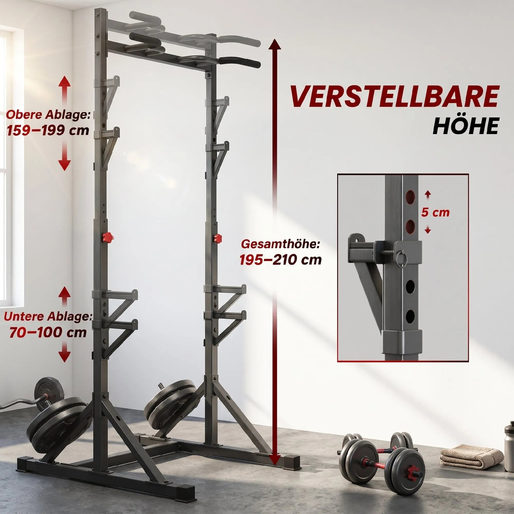 Treniruoklių stovas Squat Rack su 2 lygių štangų laikikliais ir prisitraukimų skersiniu, iki 200 kg, juodas