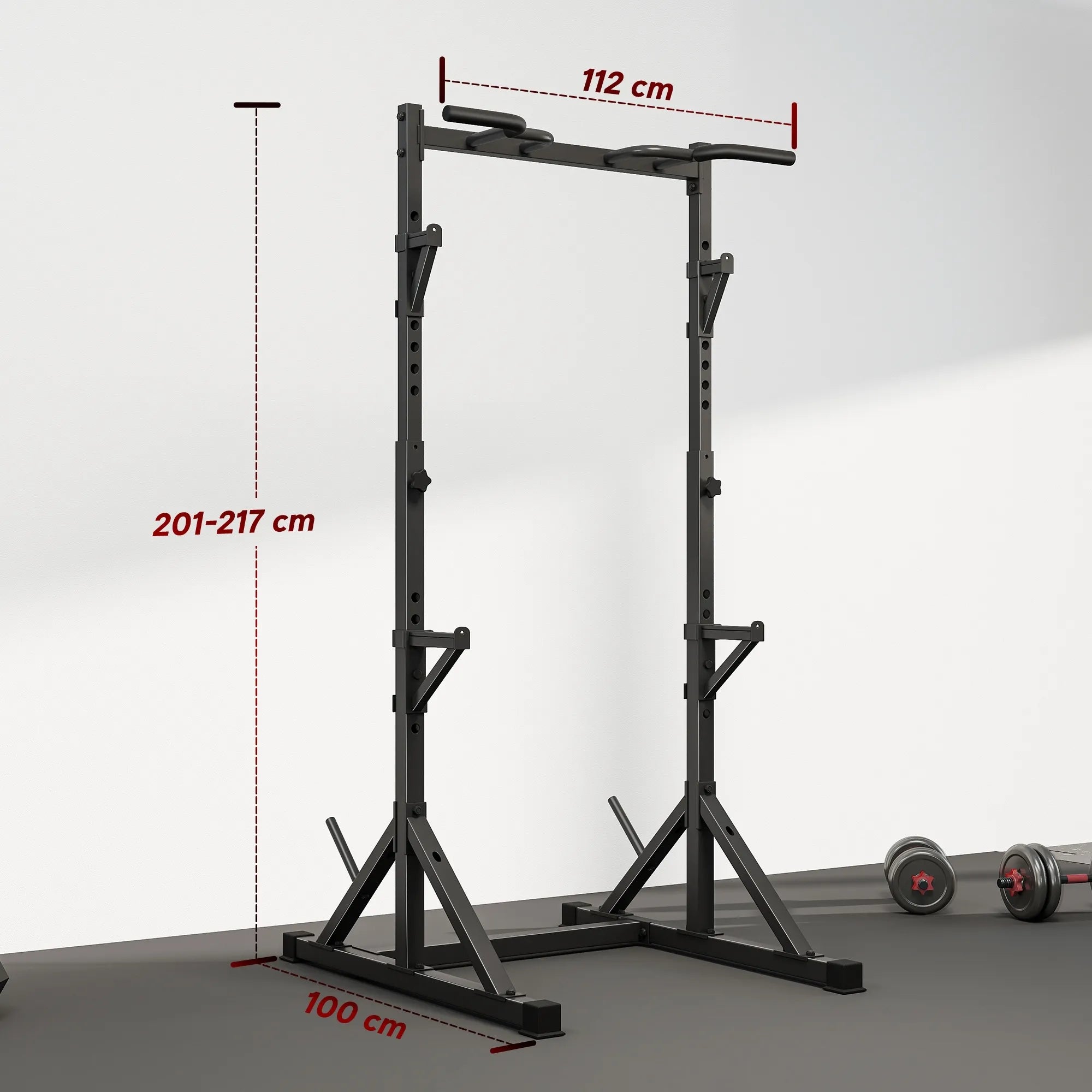 Treniruoklių stovas Squat Rack su 2 lygių štangų laikikliais ir prisitraukimų skersiniu, iki 200 kg, juodas