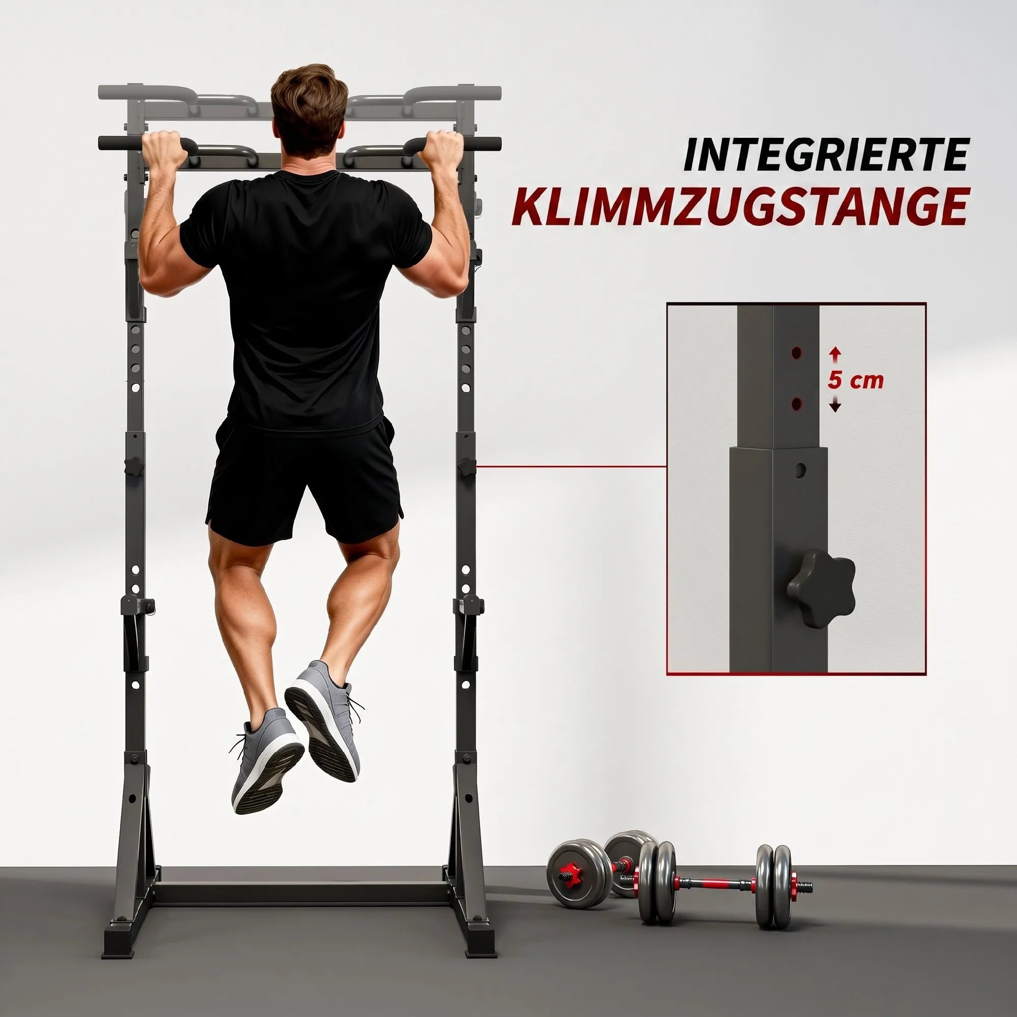 Treniruoklių stovas Squat Rack su 2 lygių štangų laikikliais ir prisitraukimų skersiniu, iki 200 kg, juodas
