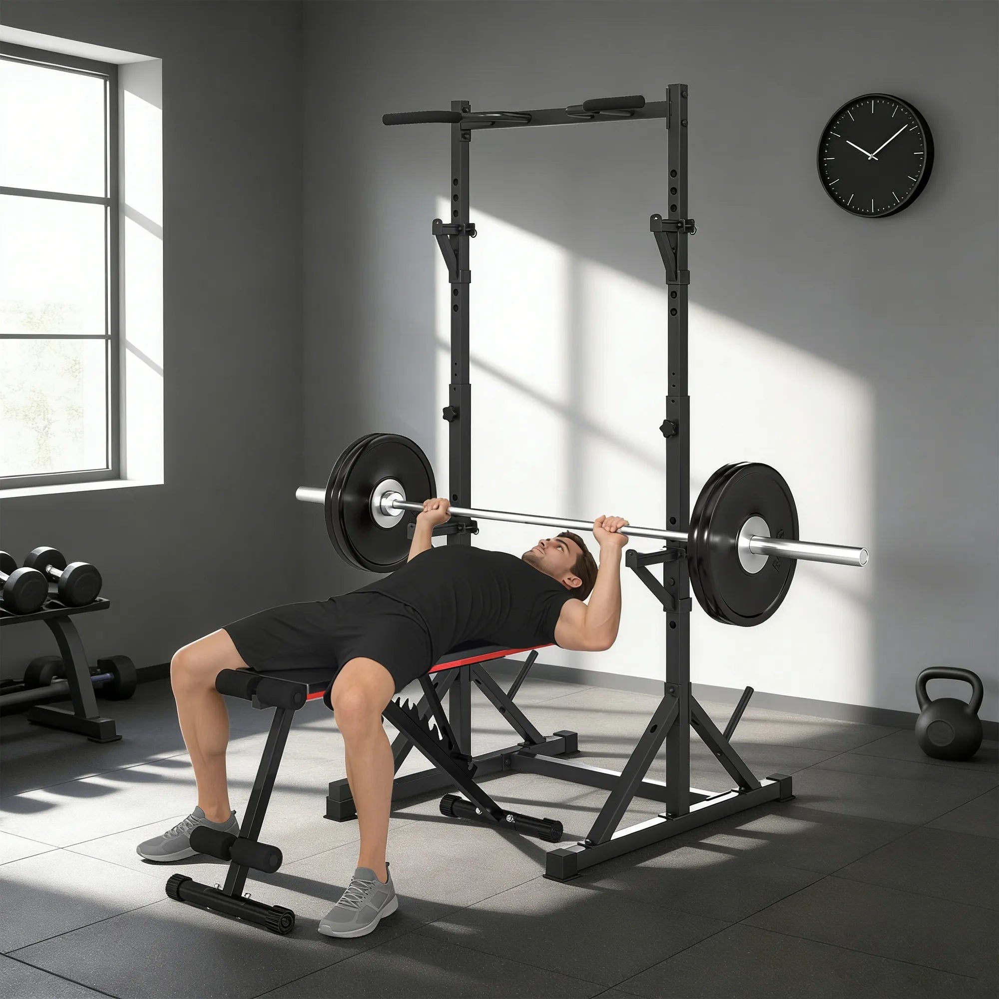 Treniruoklių stovas Squat Rack su 2 lygių štangų laikikliais ir prisitraukimų skersiniu, iki 200 kg, juodas