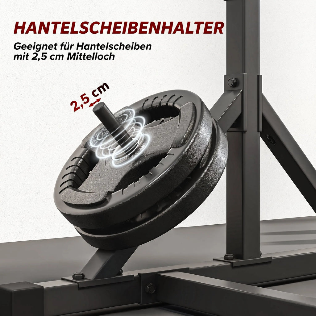 Treniruoklių stovas Squat Rack su 2 lygių štangų laikikliais ir prisitraukimų skersiniu, iki 200 kg, juodas