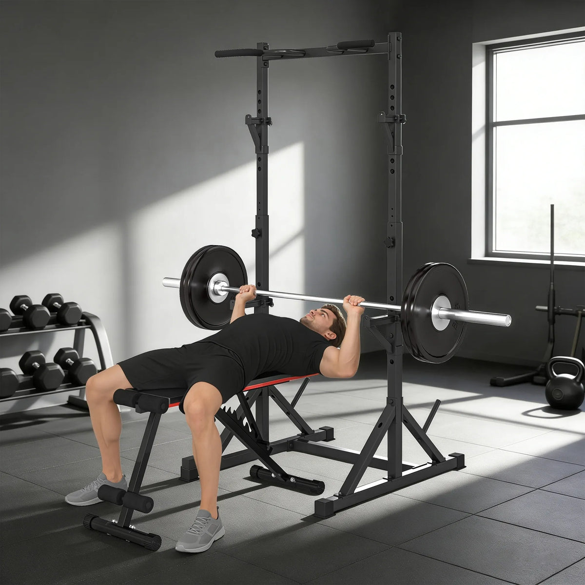 Treniruoklių stovas Squat Rack su 2 lygių štangų laikikliais ir prisitraukimų skersiniu, iki 200 kg, juodas