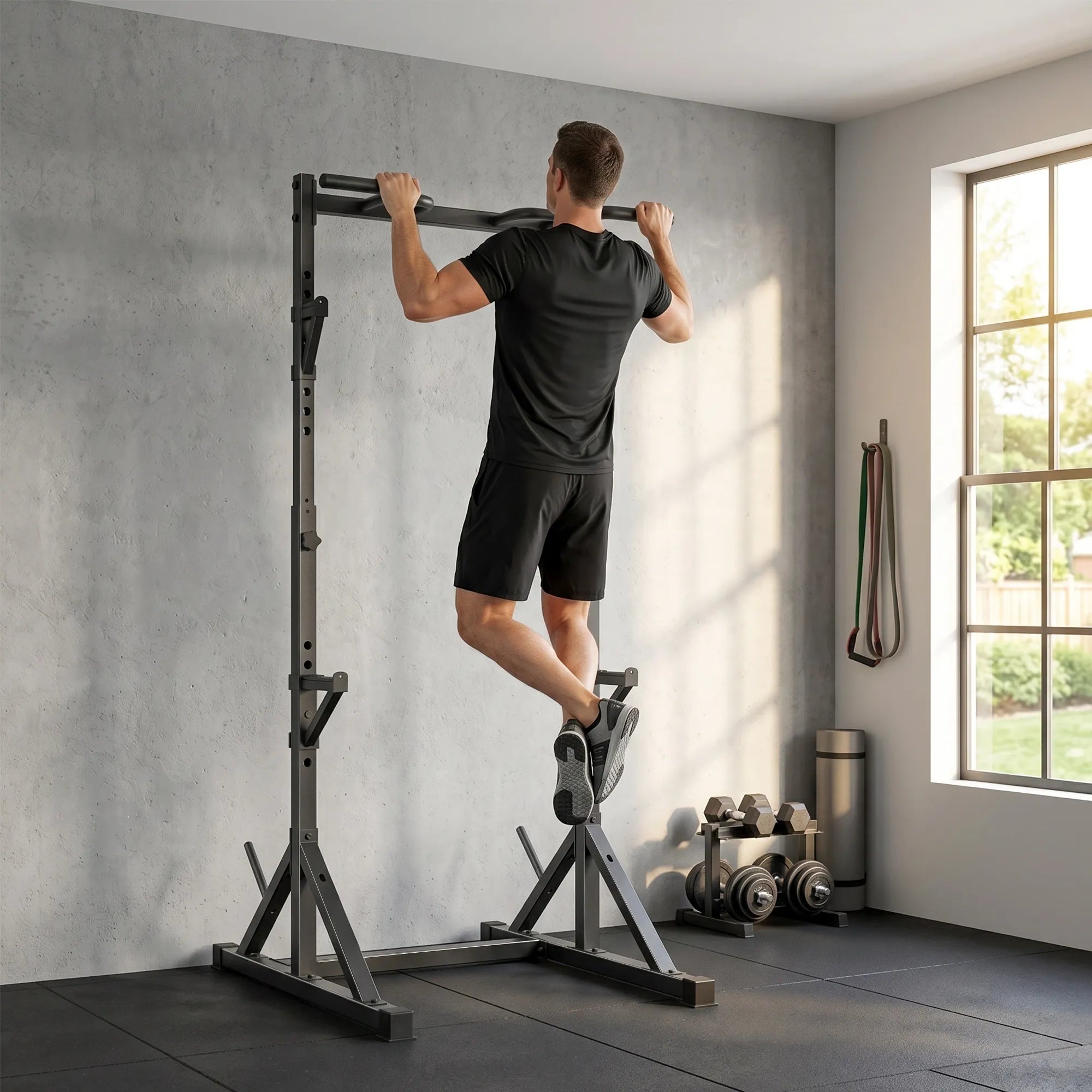 Treniruoklių stovas Squat Rack su 2 lygių štangų laikikliais ir prisitraukimų skersiniu, iki 200 kg, juodas