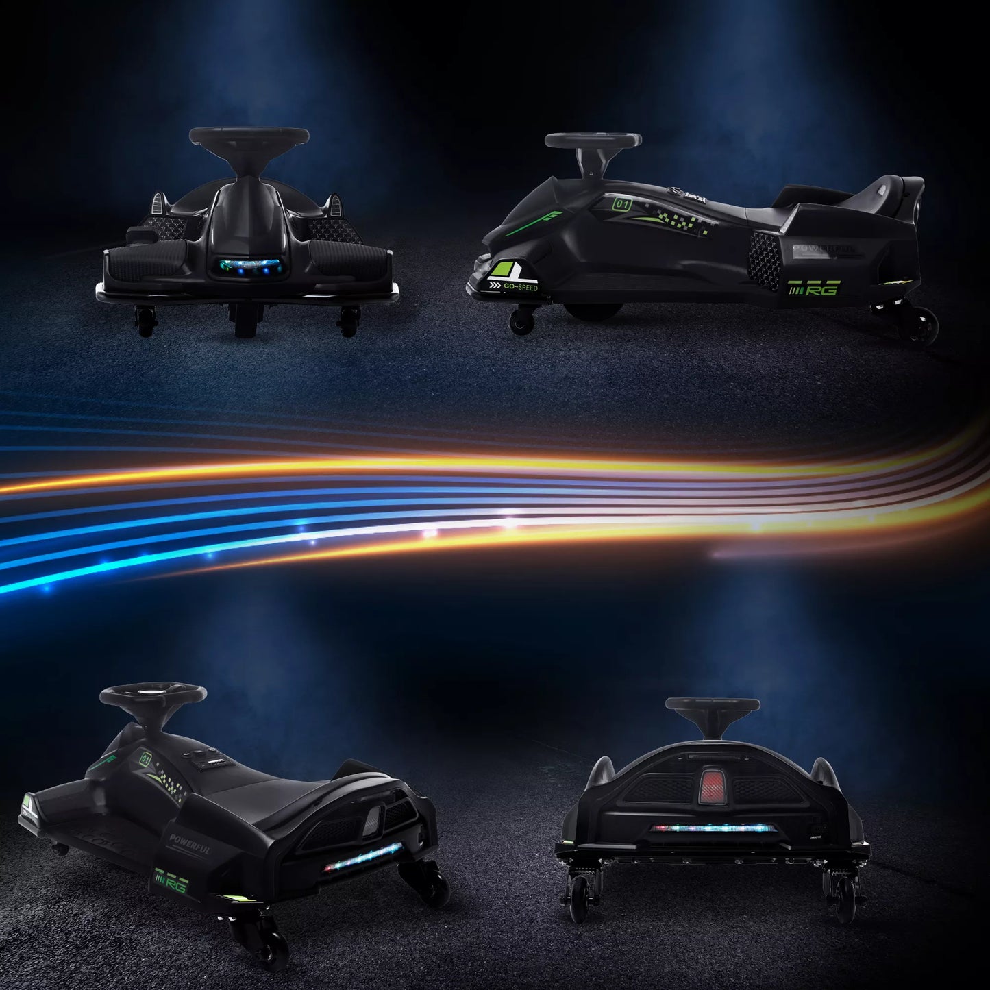 HOMCOM Elektrinis kartingas vaikams, guminės padangos, 3-8 km/val, su šviesomis ir muzikos funkcija, juodas HOMCOM