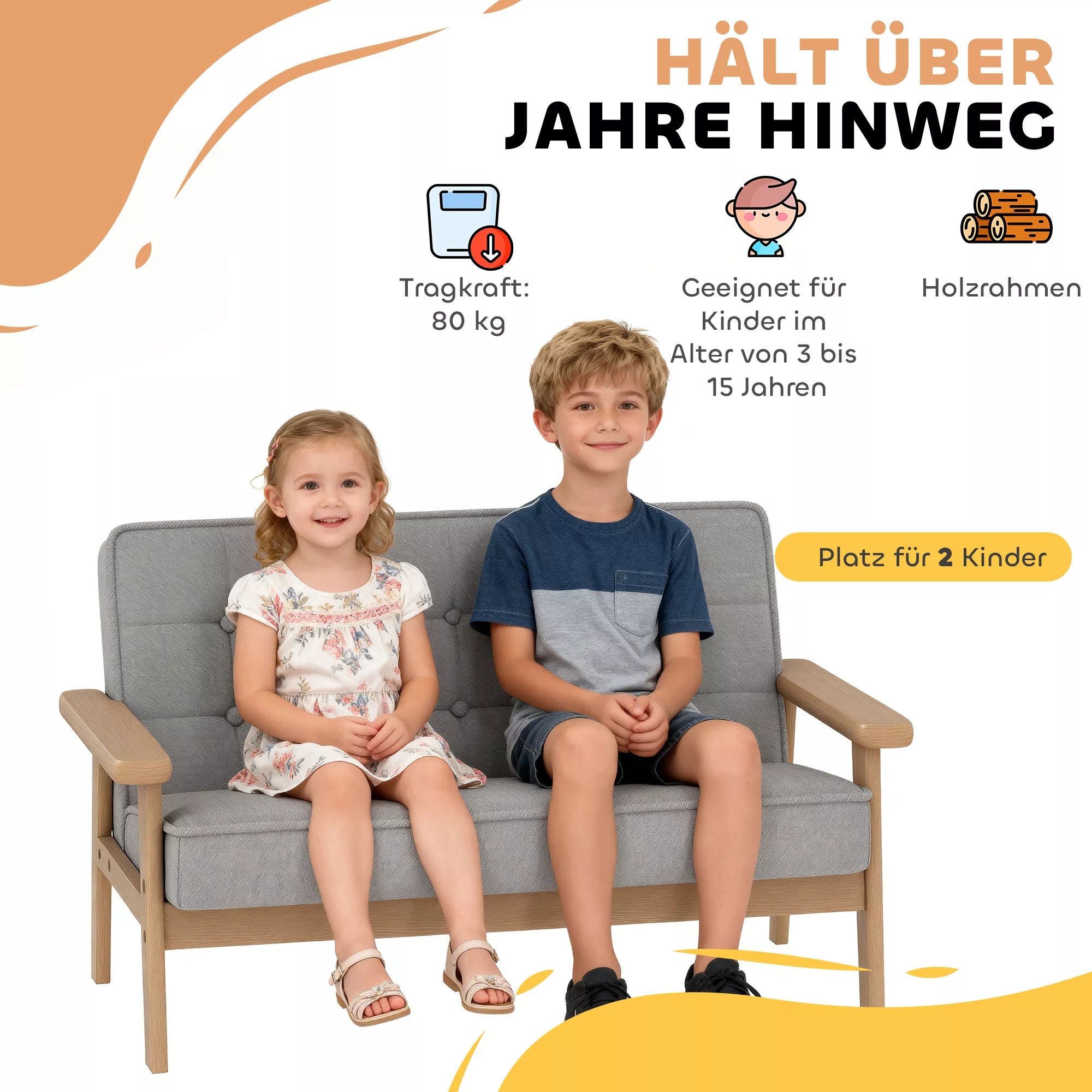Vaikų kėdė, vaikų sofa su mediniu rėmu, aksomo išvaizda, paminkštinta, skirta 3–15 metų vaikams, pilkos spalvos