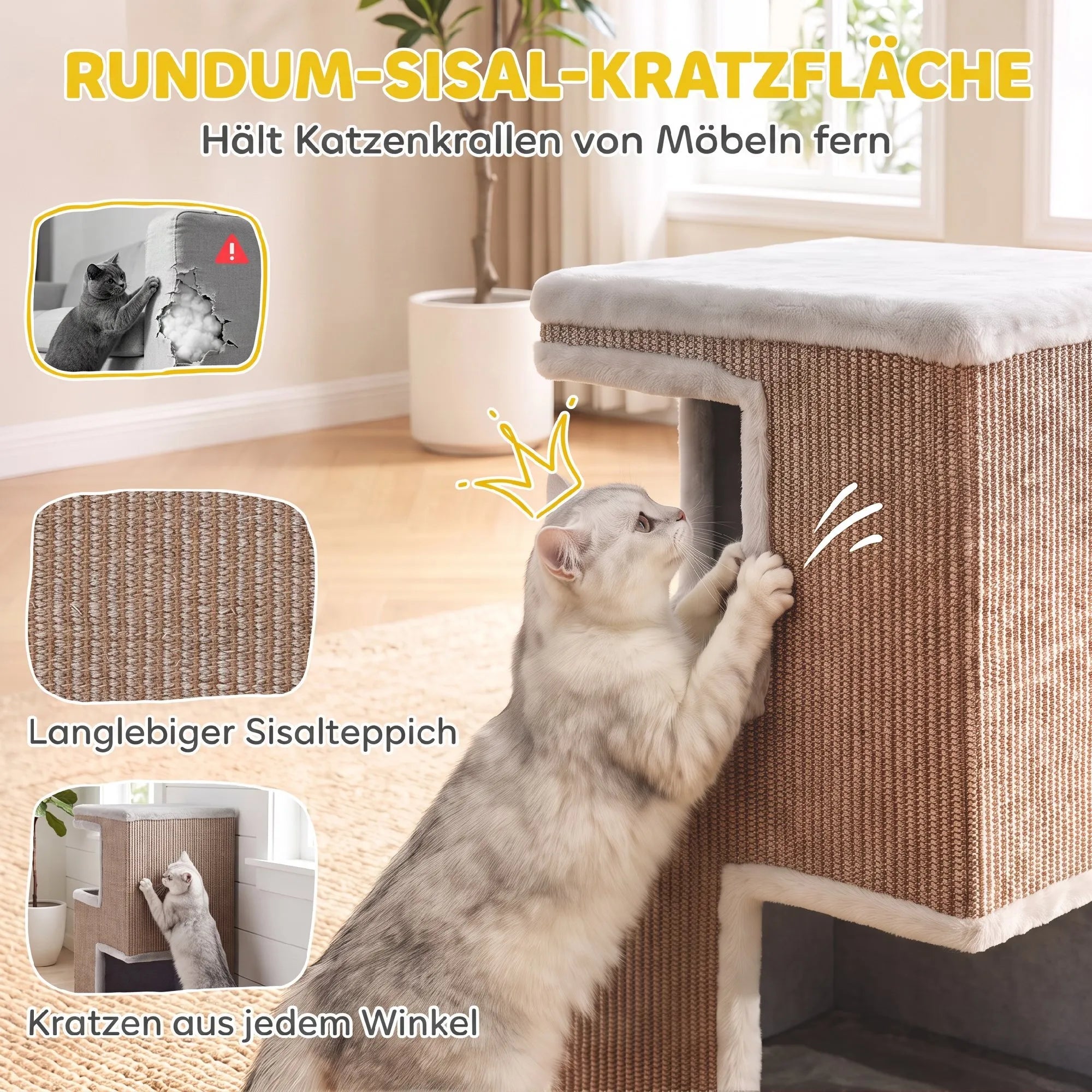 Katinas draskosi į sizalio dangą ant draskyklės šono