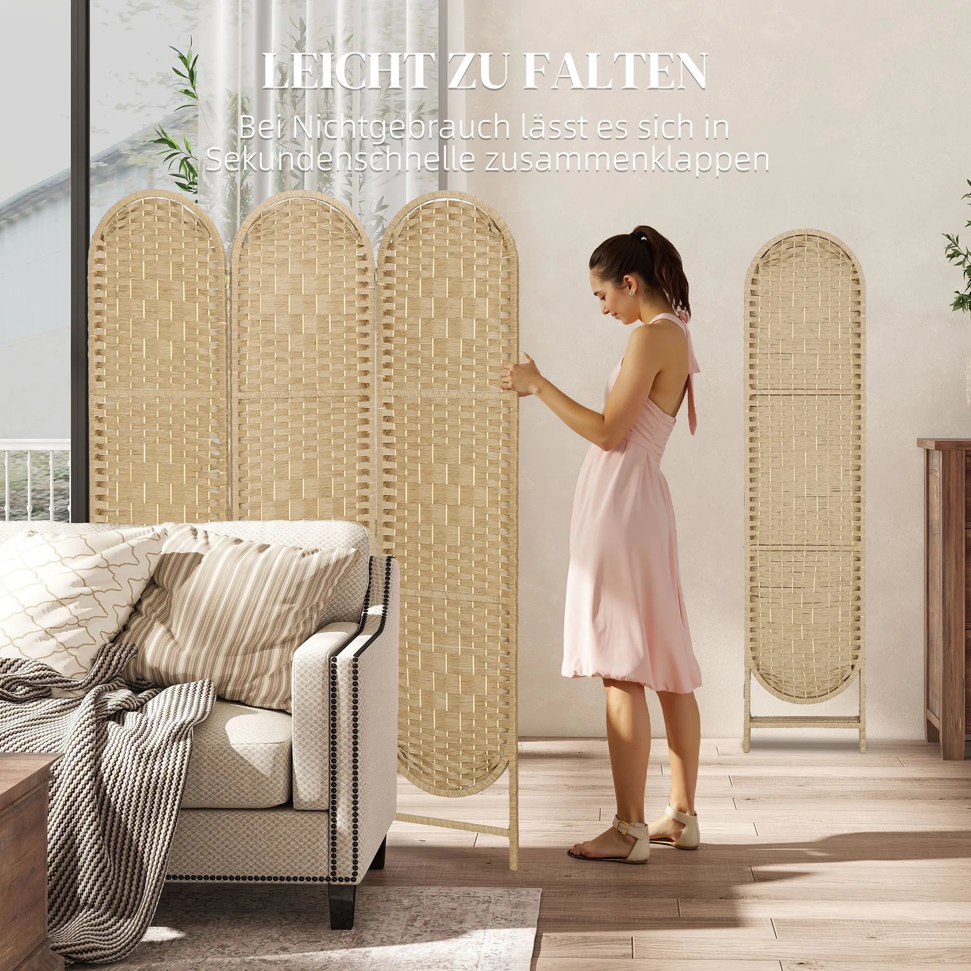 Trijų dalių kambario pertvara, 120 × 170 cm, sulankstoma, natūralios medienos spalvos