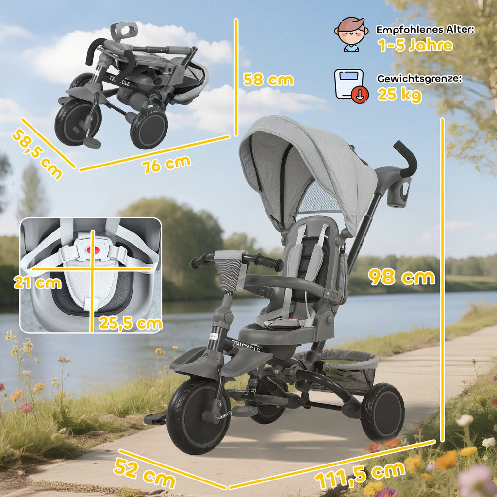 Triratis vaikiškas vežimėlis 6-in-1, 12–60 mėn. vaikams, pilkas