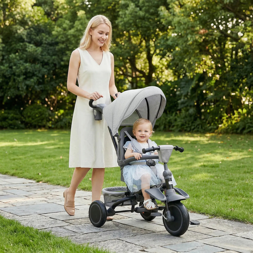 Triratis vaikiškas vežimėlis 6-in-1, 12–60 mėn. vaikams, pilkas