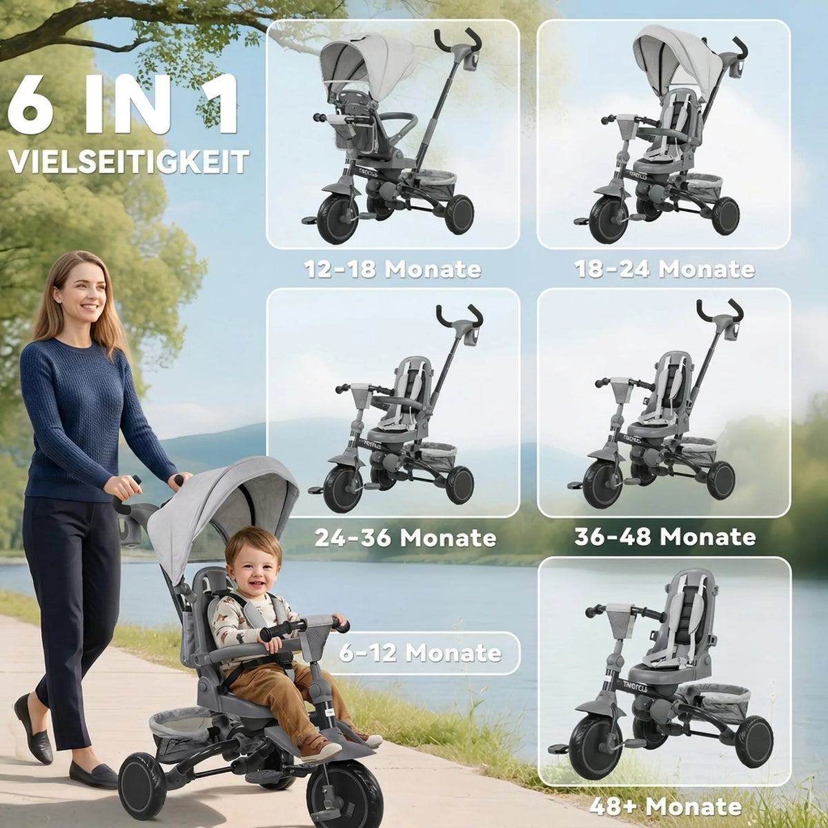 Triratis vaikiškas vežimėlis 6-in-1, 12–60 mėn. vaikams, pilkas