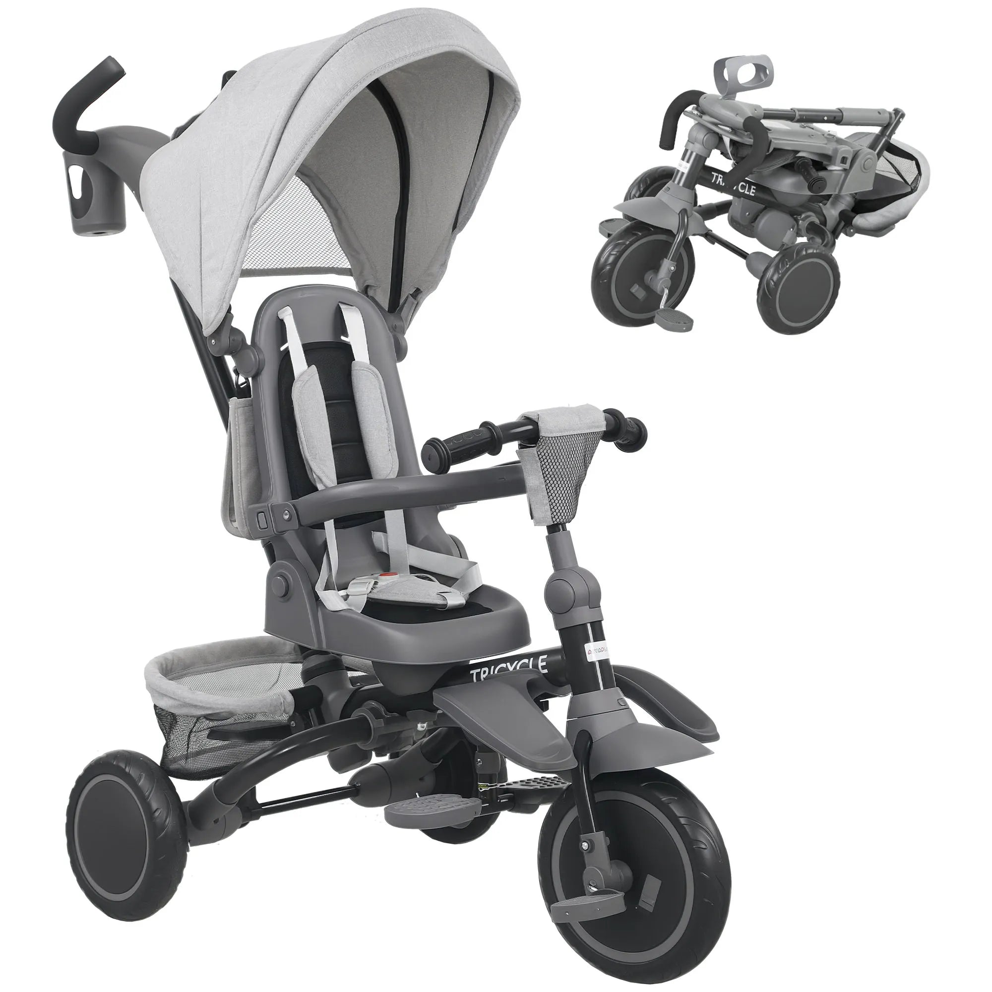Triratis vaikiškas vežimėlis 6-in-1, 12–60 mėn. vaikams, pilkas