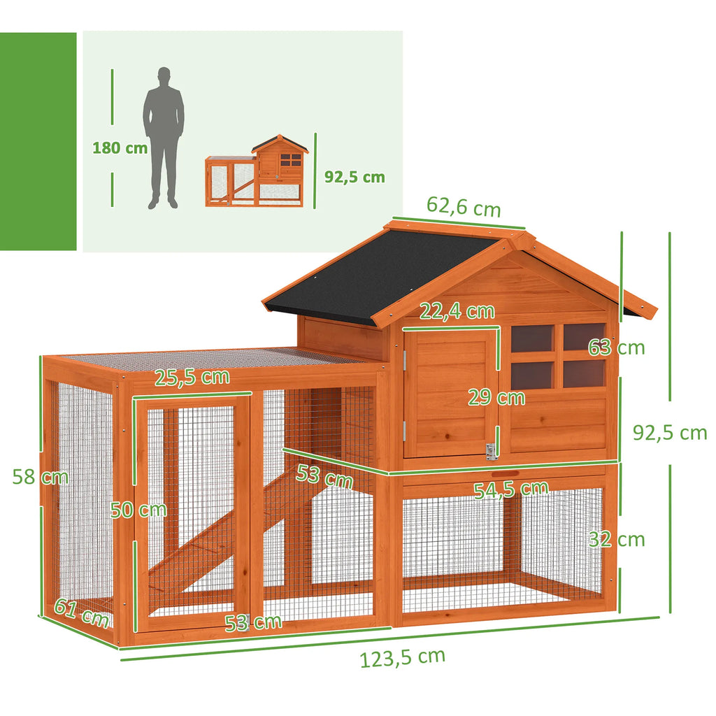 Matmenų schema: narvo ilgis 123,5 cm, gylis 62,6 cm, aukštis 92,5 cm, palyginimas su žmogumi