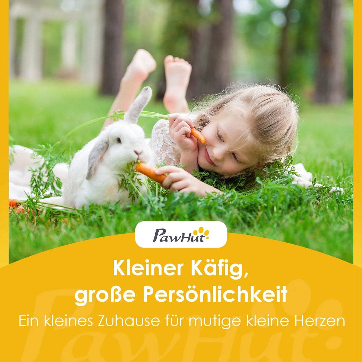 Mergaitė vaišina triušį morka gulėdama ant žolės