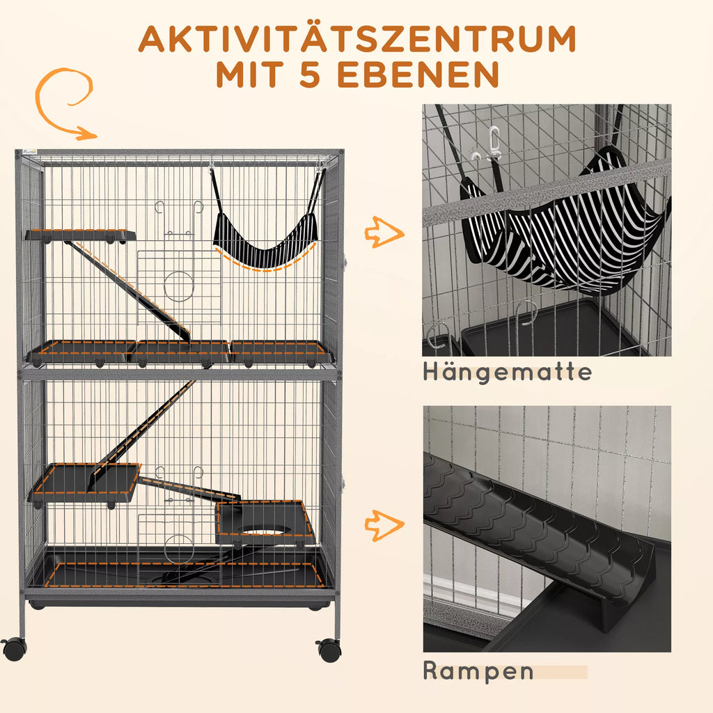 Triušių narvas su hamaku, 4 aukštų, 80 x 52 x 128 cm, pilkas