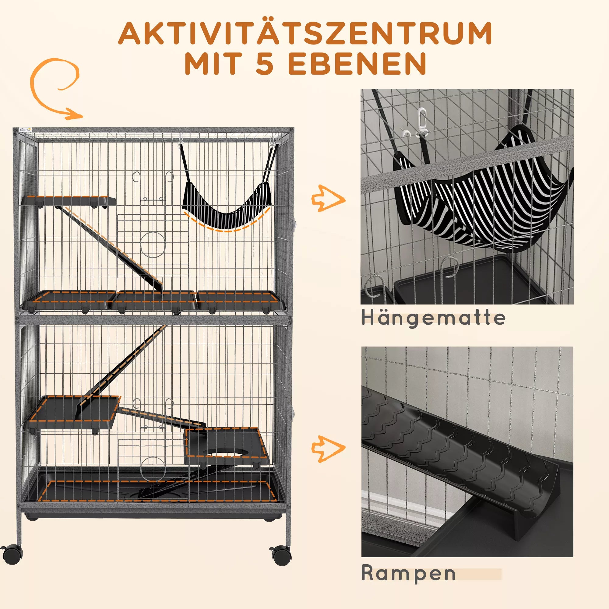 Triušių narvas su hamaku, 4 aukštų, 80 x 52 x 128 cm, pilkas