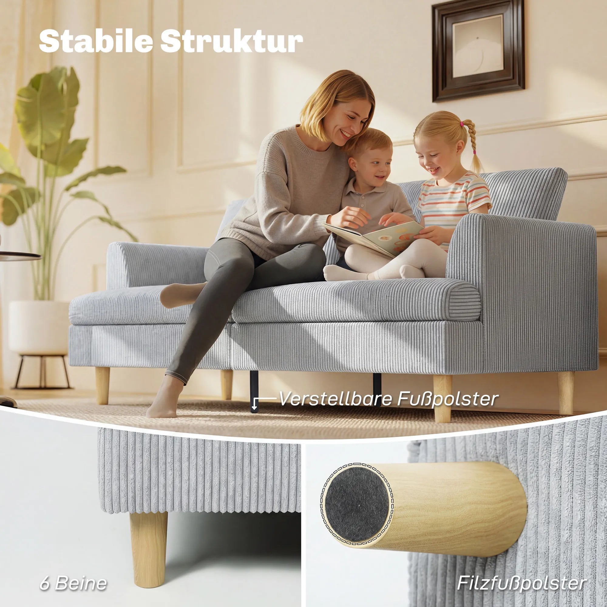 Trivietė sofa, 188 cm, šviesiai pilka, su porankiais ir velveto tekstūros audiniu, iki 330 kg