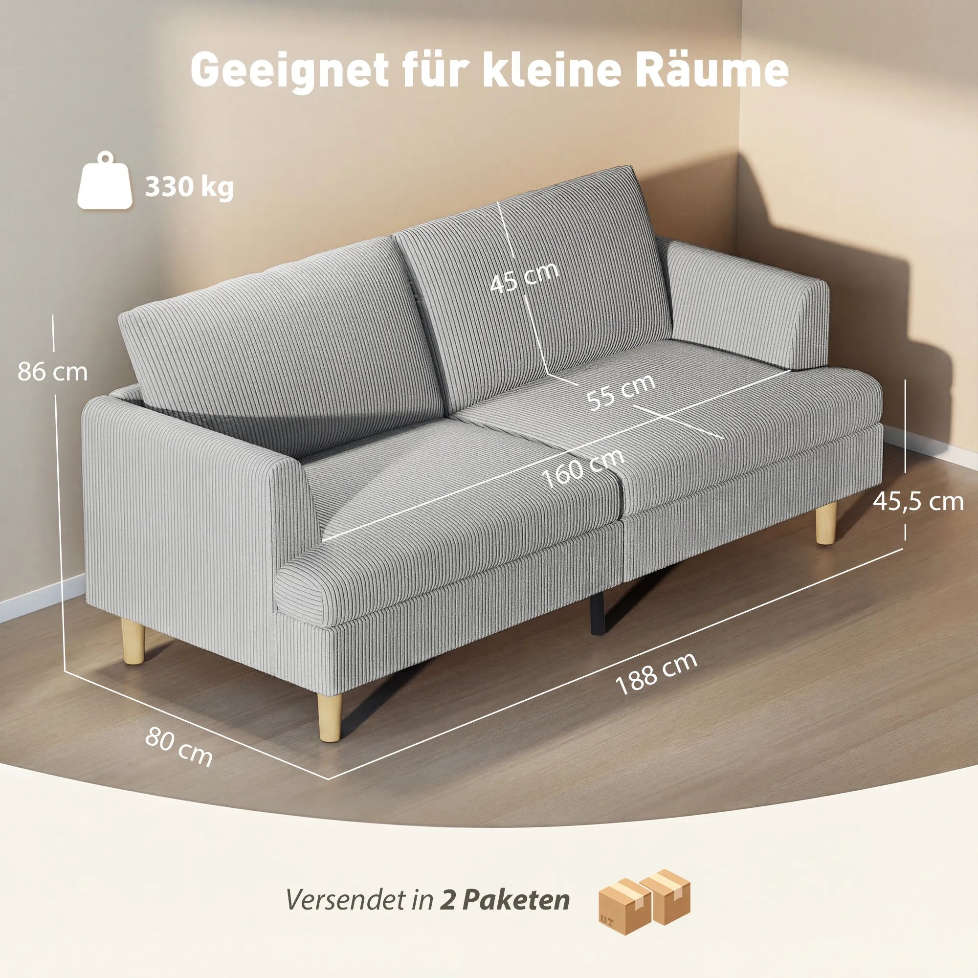 Trivietė sofa, 188 cm, šviesiai pilka, su porankiais ir velveto tekstūros audiniu, iki 330 kg