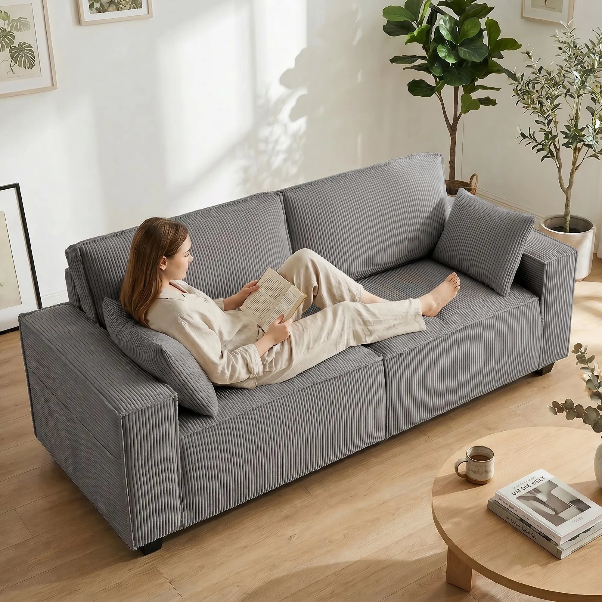 Trivietė sofa 218 cm moderni sofa su kišeninėmis spyruoklėmis ir 2 pagalvėmis šviesiai pilka