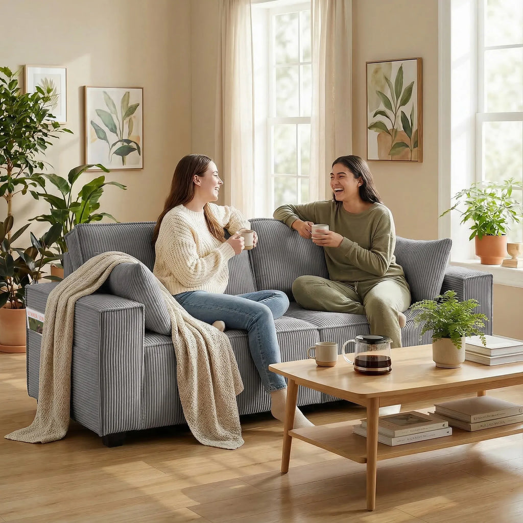 Trivietė sofa 218 cm moderni sofa su kišeninėmis spyruoklėmis ir 2 pagalvėmis šviesiai pilka